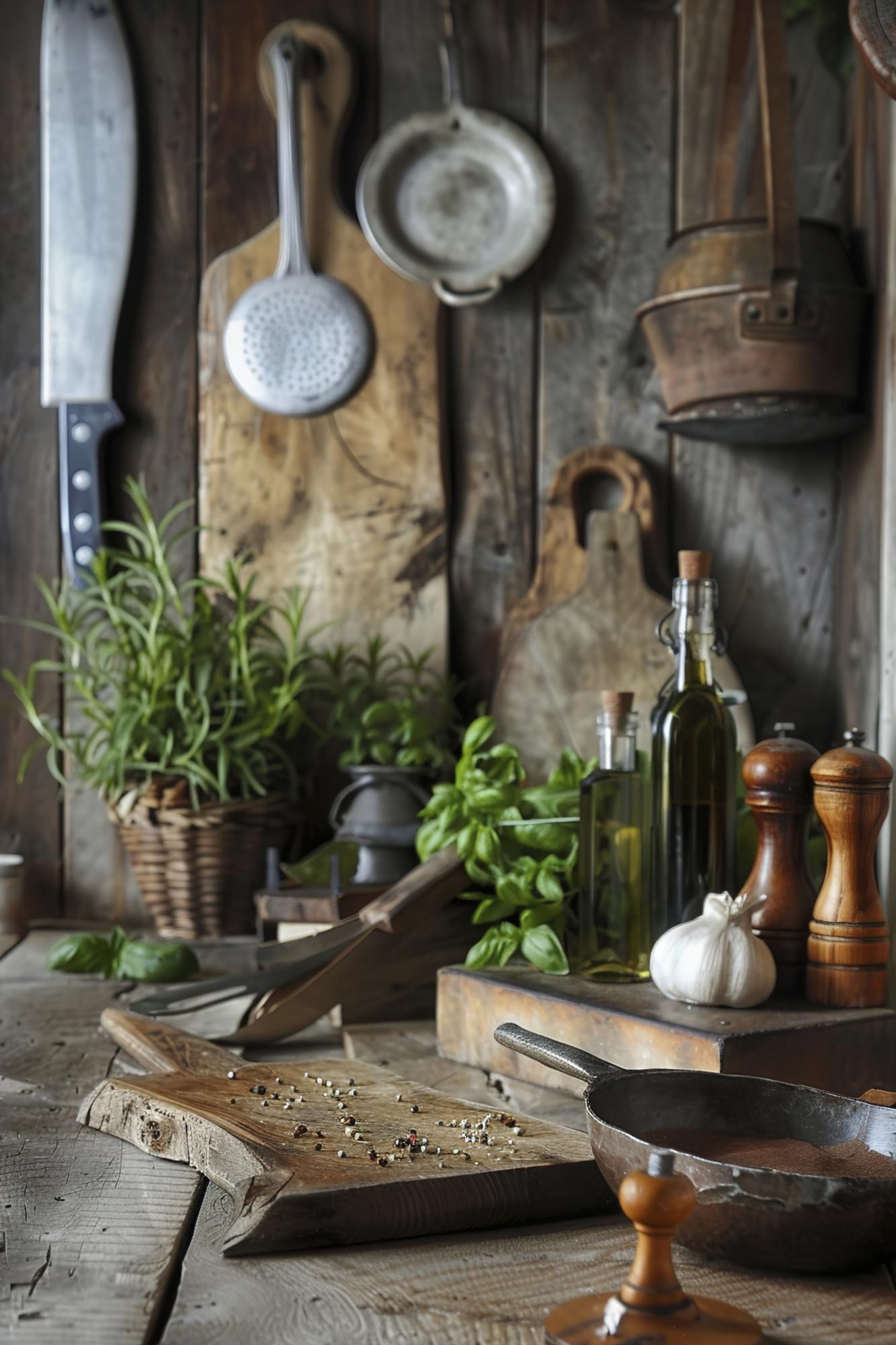Interior of small culinary studio with tools and herbs